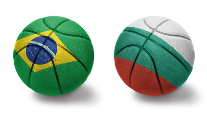 basketball balls with the national flags of bulgaria and brazil on the white background.