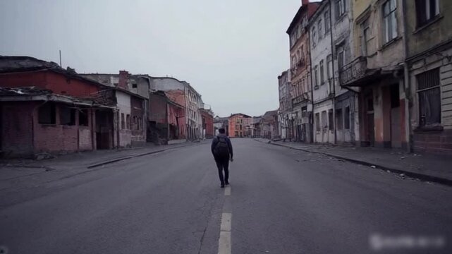 Alone men walking in emty city town 