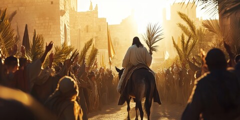 Jesus  triumphal entry into Jerusalem on a donkey surrounded by cheerful crowds and palm leaves, Biblical religious stories, illustrations Christian faith in God