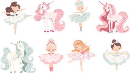 Set of vector cute illustrations on the theme of ballet. Cute ballerinas and unicorns. . Vector illustration