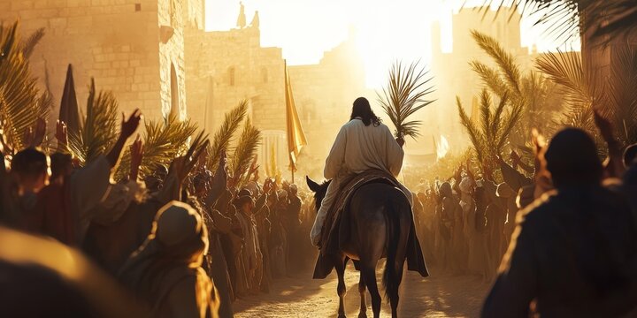 Jesus  triumphal entry into Jerusalem on a donkey surrounded by cheerful crowds and palm leaves, Biblical religious stories, illustrations Christian faith in God