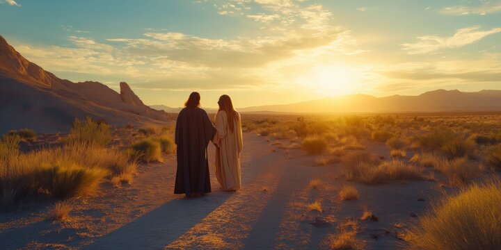 Jesus embracing Mary Magdalene in a warm sunset glow on a minimalist desert pathway, Biblical religious stories, illustrations Christian faith in God