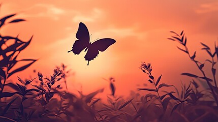 Fototapeta premium A butterfly silhouette flying into the sunset, with soft orange and pink hues creating a serene and reflective mood.