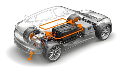 Battery Module Installed Inside Car Chassis with Arrows Indicating Power Flow Through the Electrical System