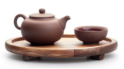 Chinese brown teapot and teacups on the wooden trivet isolated on white