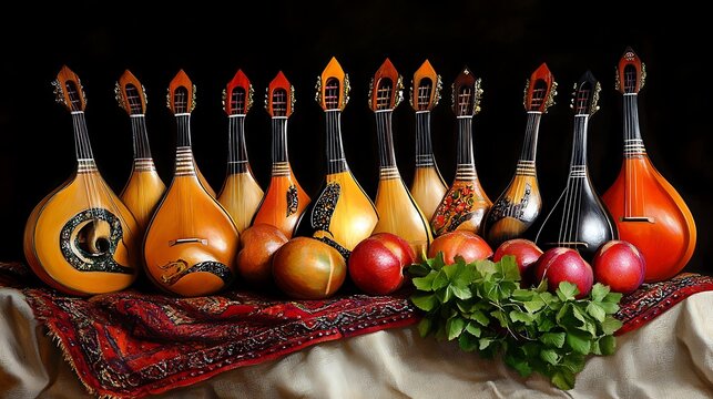 Still Life with Azerbaijani Saaz Instruments  Red Apples  and a Traditional Rug