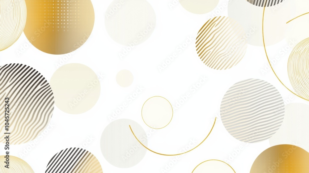 Poster This composition showcases an arrangement of circular shapes and patterns in soft hues with gold highlights, creating a contemporary feel. Generative AI