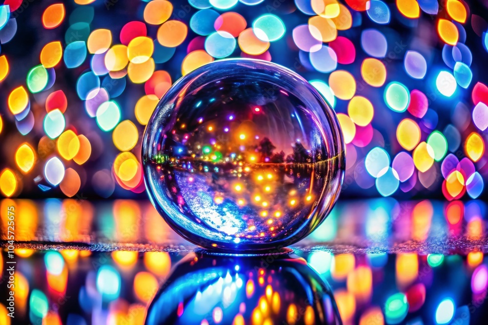 Poster futuristic spherical led object with colorful bokeh background for surreal photography