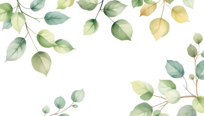 Obraz premium Delicate watercolor illustration of a beautiful eucalyptus branch with lush green leaves and subtle silver tones. Watercolor tropical leaves frame on white background. Watercolor hand painted frame