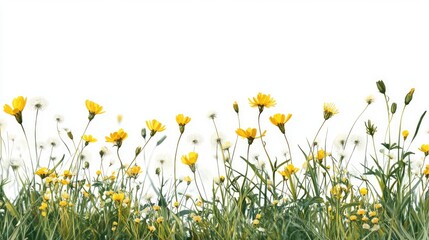 Fototapeta premium A gentle field of buttercups and dandelions spread out on soft grass, with a clean white background. Room for seasonal or nature-related text.