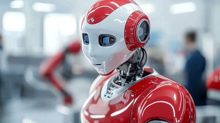 Fototapeta premium Exploring the future of robotics the red and white humanoid robot in a modern tech environment