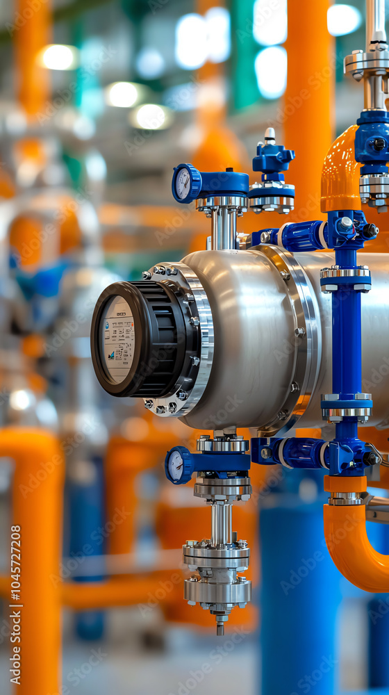 Poster detailed view of a precision flow meter in an industrial environment with colorful pipework