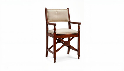 Elegant wooden chair with beige cushion on white background showcasing classic design and craftsmanship