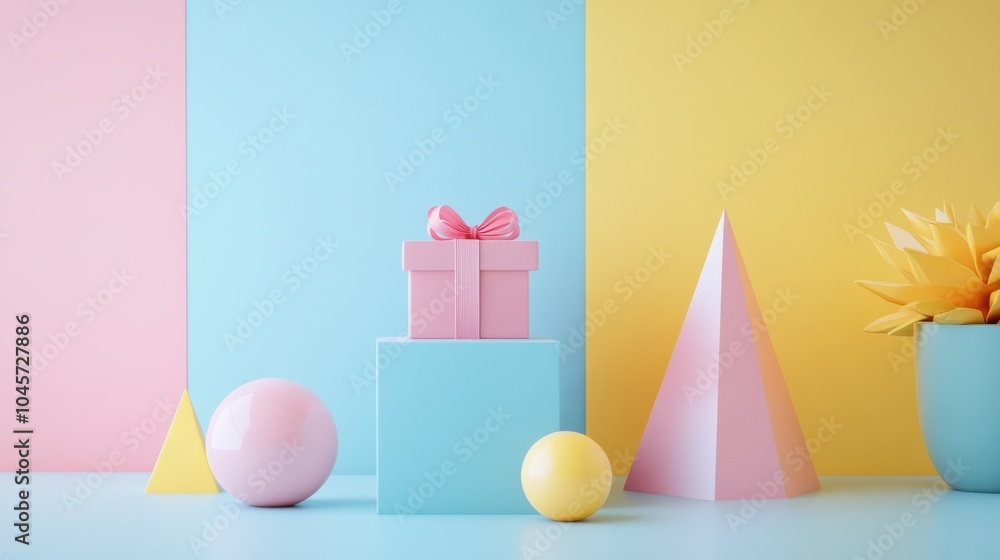 Poster brightly colored geometric shapes resembling gift boxes are artfully arranged, creating a vibrant di