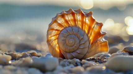 Backlit Seashell on Pebbled Beach: Sunlit Shell with Bokeh Ocean Background at Sunrise