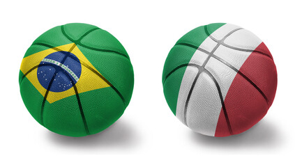 basketball balls with the national flags of italy and brazil on the white background.