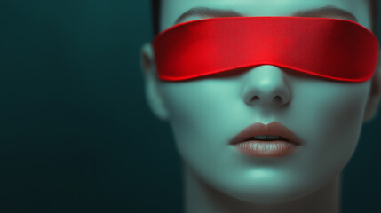 Close-up of a woman with a red blindfold, representing mystery, suspense, and secrecy, perfect for creative projects, conceptual art, and mysterious visual storytelling.