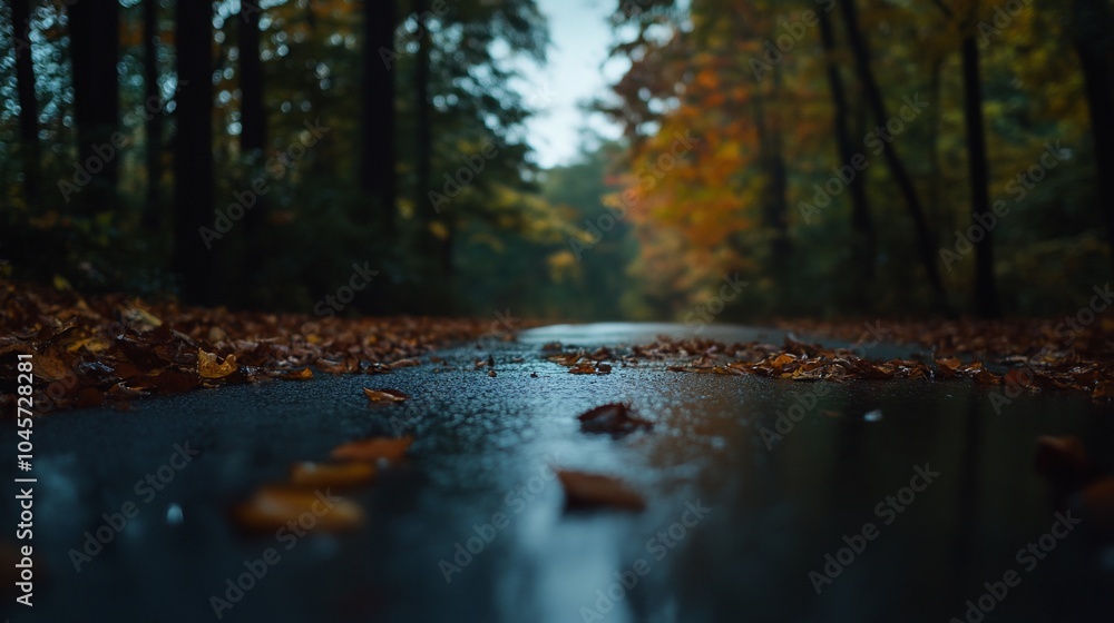 Poster a wet asphalt road in a forest with autumn leaves scattered across the surface. the road leads to a 