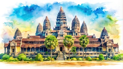 Obraz premium Watercolor painting of Angkor Wat temple on white background wallpaper