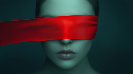 Close-up of a woman with a red blindfold, representing mystery, suspense, and secrecy, perfect for creative projects, conceptual art, and mysterious visual storytelling.