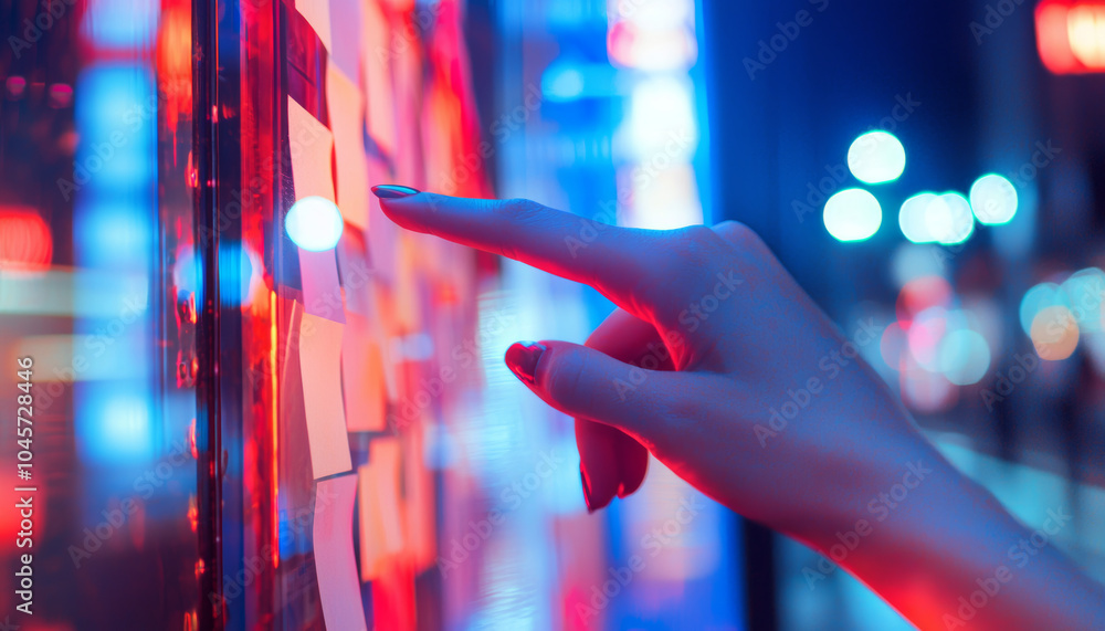 Poster close up of hand pointing at colorful sticky notes illuminated by vibrant lights, creating dynamic a