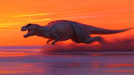 Fototapeta premium A dynamic portrayal of a Carnotaurus sprinting across an open plain at sunset, capturing the essence of speed and prehistoric adventure in a vibrant landscape.