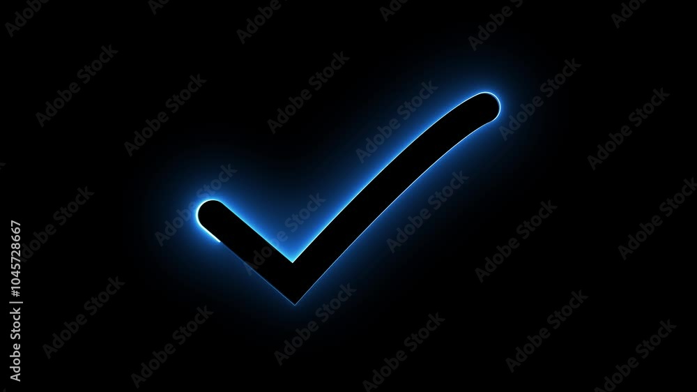Poster glowing neon light check mark icon ,on the mark of the completed case. distortion liquid style trans