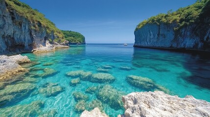 Obraz premium A serene bay with clear blue water and rocky cliffs.