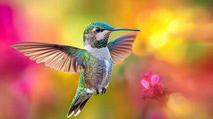 Fototapeta premium Colorful Hummingbird in Flight with Pink Flowers Blurred Background