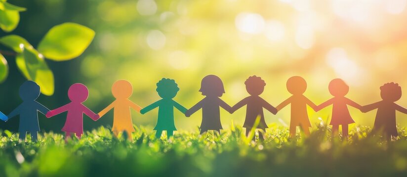 A group of paper cutout children holding hands in different colors standing on green grass, with a blurred background and sunlight shining through the leaves Generative AI
