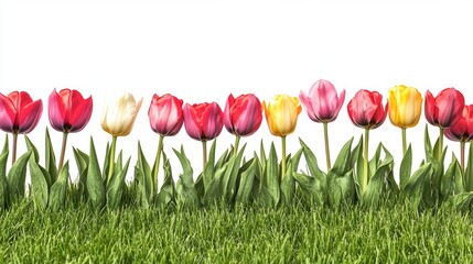 Brightly colored tulips growing in a row on fresh green grass, set against a pure white background, creating a clean and uplifting image.