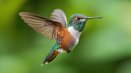 Fototapeta premium Hummingbird in Flight Green and Brown Feathers Blurred Background