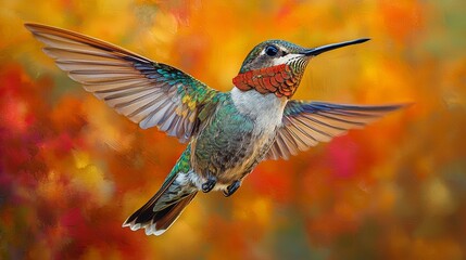Fototapeta premium Hummingbird in Flight with Vibrant Colors and Abstract Background