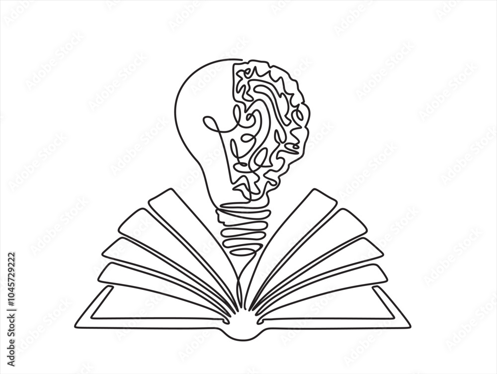 Poster one single line drawing of shining light bulb with human brain above open text book logo identity. c