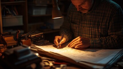 An electrician meticulously studying project plans under focused light, showcasing attention to detail in a professional workspace filled with tools and materials.