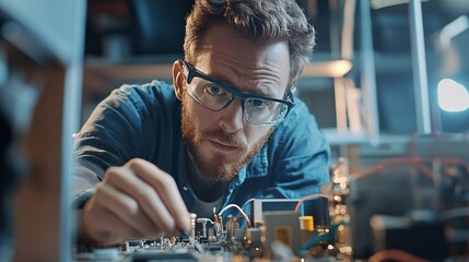 An electrician carefully diagnoses an issue on a circuit board, showcasing skills in troubleshooting and technology solutions in a workshop environment.