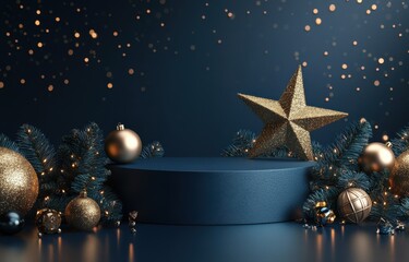 Obraz premium Elegant blue podium with festive Christmas decorations including gold star and ornaments creating a luxurious holiday scene