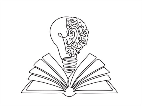 recommend clip art: One single line drawing of shining light bulb with human brain above open text book logo identity. continuous line draw design graphic vector illustration