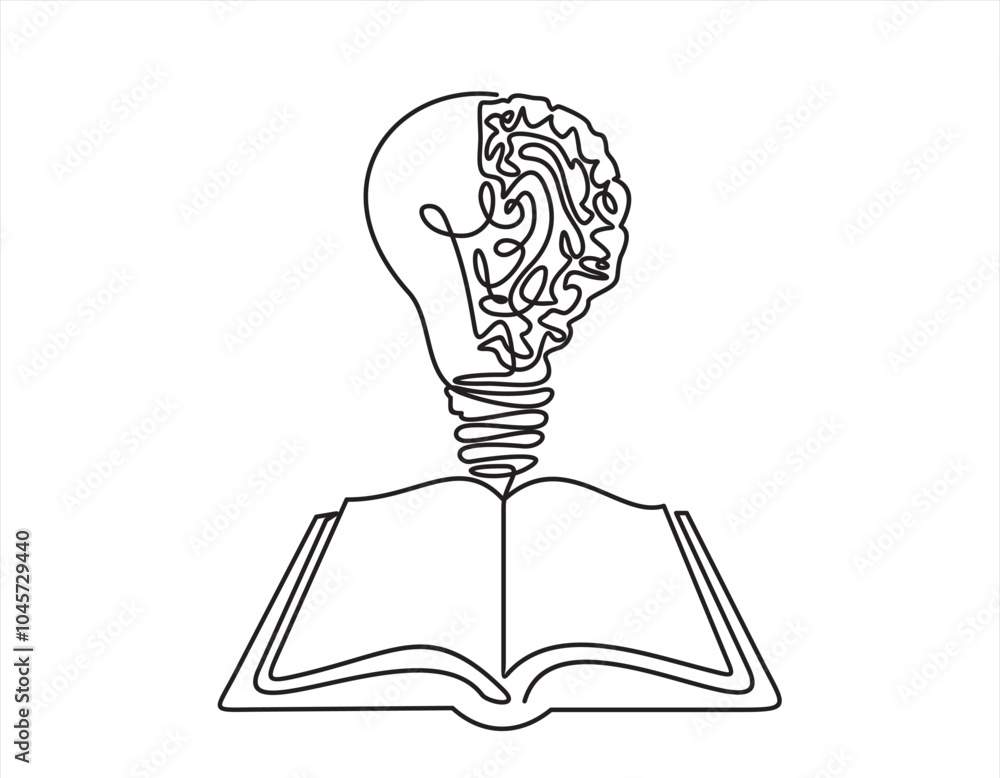 Aufkleber one single line drawing of shining light bulb with human brain above open text book logo identity. c