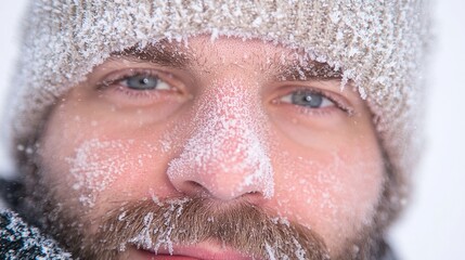Smiling Man in Beanie and Scarf with Frosty Eyelashes on Snowy Street - Ultra-Detailed Portrait