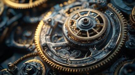 Closeup of Intricate Mechanical Gears  Clockwork  Steampunk  Precision Engineering  Indust