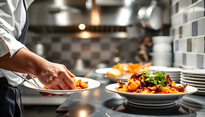Cook serving food on a plate in the kitchen, of a restaurant isolated with white highlights, png