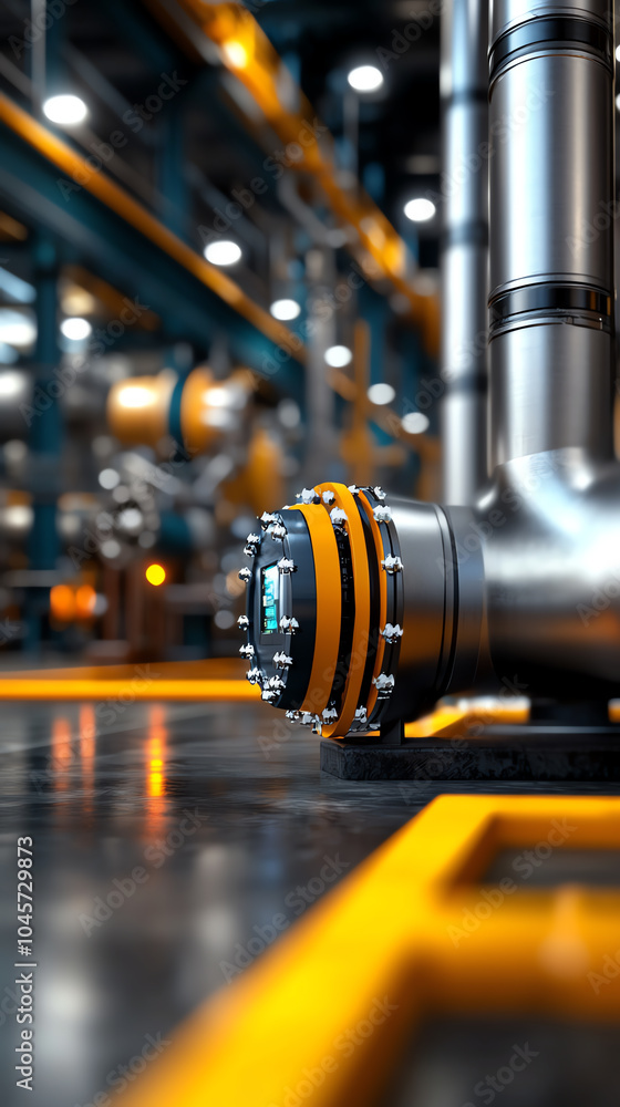 Poster close-up of industrial valve in a high-tech factory setting highlighting advanced manufacturing proc