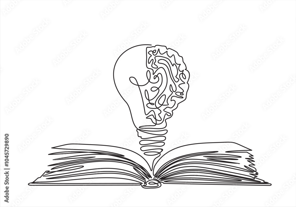 Aufkleber one single line drawing of shining light bulb with human brain above open text book logo identity. c