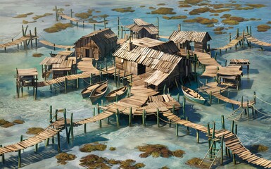 DnD Battlemap: Seaside Fishing Village with Wooden Walkways and Boats