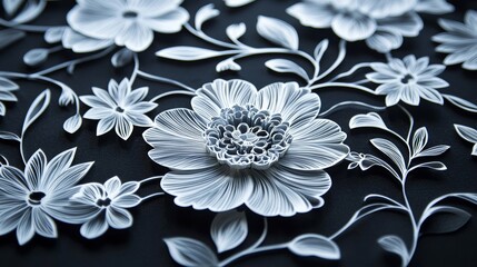 Paper Cut Floral Art  White Flowers on Black Background  Delicate  Elegant  Nature