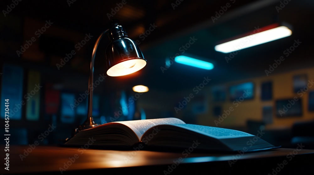 Poster an open book illuminated by a desk lamp on a wooden table in a dimly lit room.