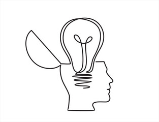 Continuous one line drawing light bulb symbol idea.The concept of thinking ideas inside the person's head