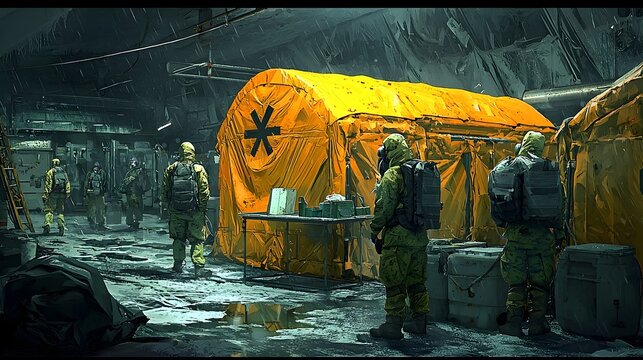Concept art depicting a decontamination station set up to assist evacuees affected by a radiation exposure incident  The scene shows a secure controlled environment with hazmat suits