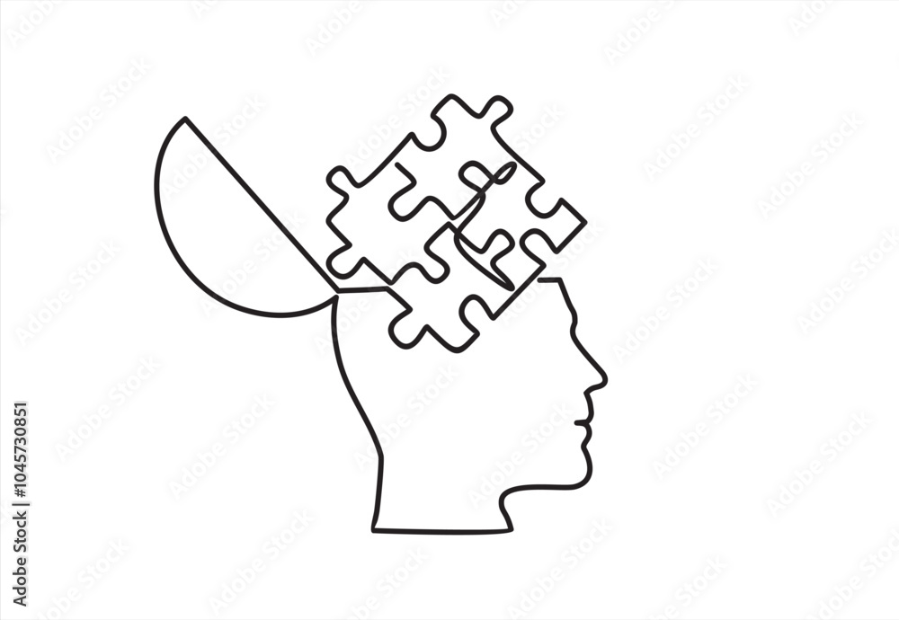 Poster head of a man with puzzle inside, drawn in one line on a white background. order, mental balance, ca